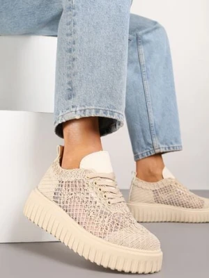Beżowe Sneakersy Vices na Platformie z Ażurową Cholewką Lumerise