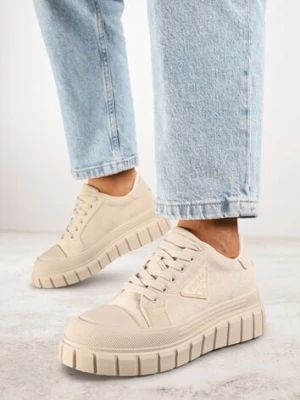 Beżowe Sneakersy Vices na Platformie z Ozdobą i Napisem Leawen