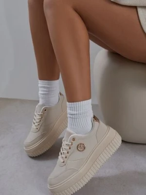 Beżowe Sneakersy Vices na Platformie z Tłoczeniem Ozdobione Metaliczną Aplikacją Eriri