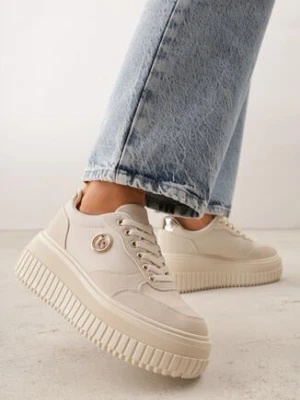 Beżowe Sneakersy VICES na Żłobionej Podeszwie Zdobione Elegancką Aplikacją Lunatea