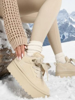 Beżowe Sneakersy Vices w Stylu Śniegowców na Platformie z Ozdobnym Futerkiem Nalirea