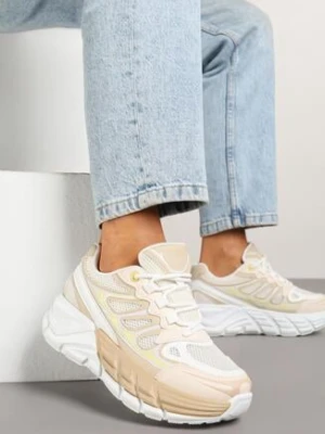 Beżowe Sneakersy w Streetwearowym Stylu na Grubej Podeszwie z Tłoczeniami Siltewi