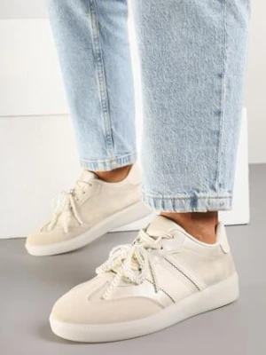 Beżowe Sneakersy w Stylu Klasycznych Tenisówek z Perłowym Zdobieniem Nalarie