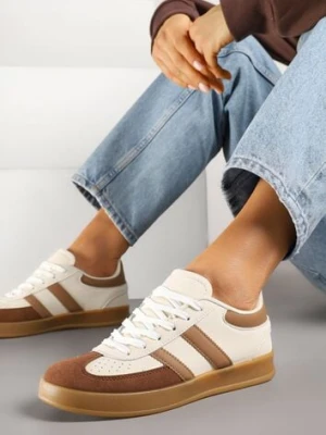 Beżowo-Białe Sneakersy w Stylu Klasycznych Tenisówek Zdobione Przeszyciami Ivelfia gowin
