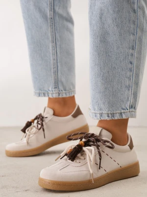 Beżowe Sneakersy w Stylu Retro Tenisówek z Podwójnym Sznurowaniem i Frędzlami Salmisa