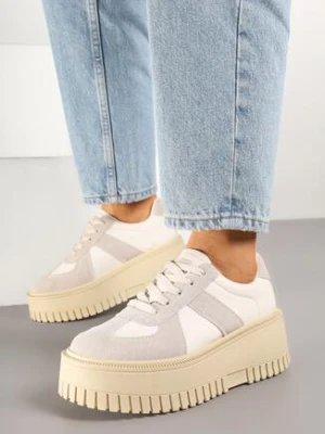 Beżowo-Szare Sneakersy w Stylu Tenisówek na Platformie z Tłoczeniami Firreis