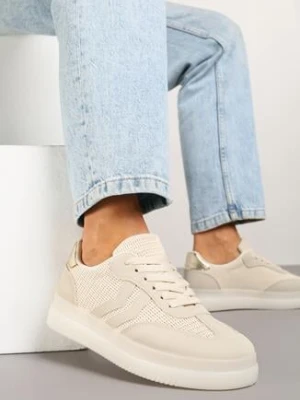 Beżowe Sneakersy w Stylu Tenisówek z Geometrycznymi Paskami Falenira marquiiz