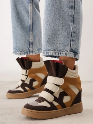 Beżowe Sneakersy w Stylu Y2K na Koturnie z Ociepleniem i Paskami na Rzep Aitia