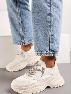Beżowe Sneakersy Wsuwane na Grubej Podeszwie z Cyrkoniami Darania