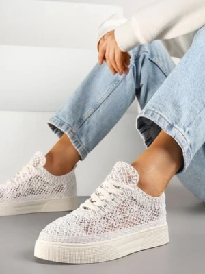 Beżowe Sneakersy z Ażurowej Koronki na Grubej Podeszwie Nanessia marquiiz