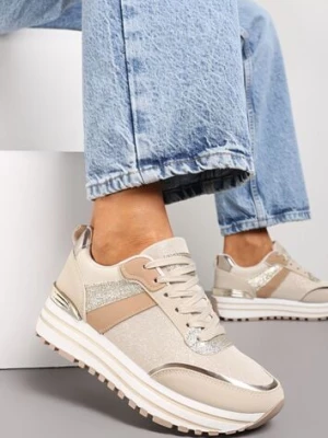 Beżowe Sneakersy z Brokatem na Ozdobnej Grubej Podeszwie Rilveia