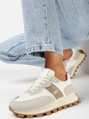 Beżowe Sneakersy z Brokatową Wstawką i Bieżnikiem Valindras