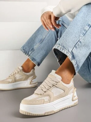 Beżowe Sneakersy z Brokatowymi Zdobieniami na Platformie Deovirae