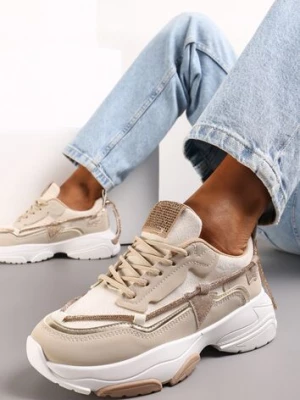 Zdjęcie produktu Beżowe Sneakersy z Cyrkoniami na Grubej Podeszwie Leinov