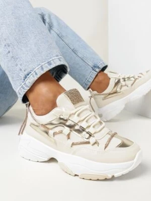Beżowe Sneakersy z Dekoracyjnym Sznurkiem z Cyrkoniami Katalynne
