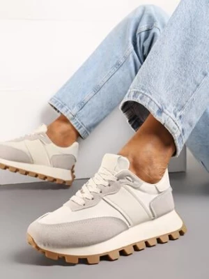 Beżowe Sneakersy z Ekoskóry z Przeszyciami na Podeszwie z Protektorem Pomadia