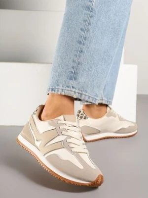 Beżowe Sneakersy z Geometrycznym Wzorem i Metaliczną Wstawką Zolio