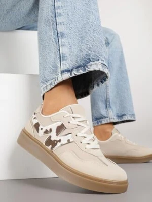 Beżowe Sneakersy z Geometrycznym Wzorem w Krowie Łaty Nariale ideal