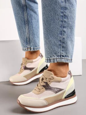 Beżowe Sneakersy z Kolorowymi Wstawkami na Ukrytym Koturnie Eirlys