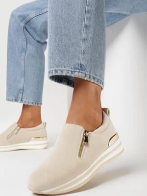 Beżowe Sneakersy z Krótkim Suwakiem i Niską Platformą Vinewas