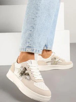 Beżowe Sneakersy z Metalicznym Zdobieniem i Wstawką z Imitacją Skóry Węża Sarilira