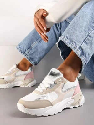Beżowo-Białe Sneakersy z Metalicznymi i Siateczkowymi Wstawkami Efalia