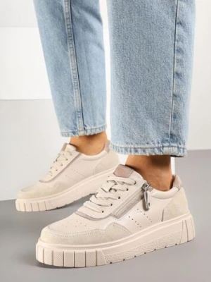 Beżowe Sneakersy z Naturalnej Skóry na Grubej Podeszwie z Suwakiem Soravelle cambell
