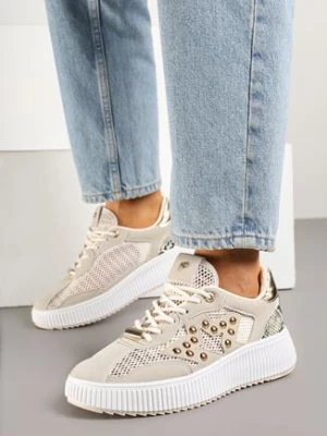 Beżowe Sneakersy z Nitami i Gwiazdą Viroti fiori&spinc