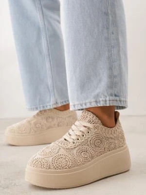 Beżowe Sneakersy z Plecionki na Grubej Podeszwie w Stylu Boho Dacara c'm paris