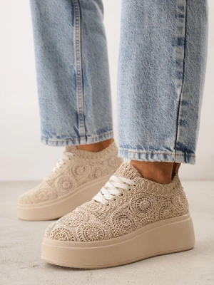 Beżowe Sneakersy z Plecionki na Grubej Podeszwie w Stylu Boho Dacara C'M Paris