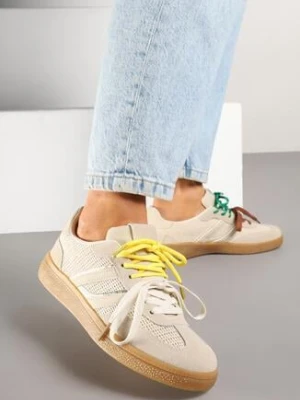 Beżowe Sneakersy z Podwójnym Wiązaniem i Geometrycznym Wzorem Telanielia