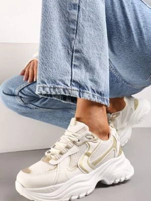 Beżowe Sneakersy z Przeszyciami i Wstawkami z Metalicznej Ekoskóry Tineal