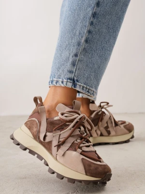 Beżowe Sneakersy z Zamszem Naturalnym i Tasiemkami na Podeszwie z Bieżnikiem Nisu Goodin
