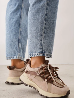 Beżowe Sneakersy z Zamszu na Grubej Podeszwie z Podwójnym Sznurowaniem Linoza Goodin