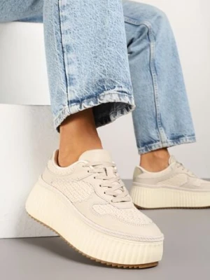 Beżowe Sneakersy ze Skóry Naturalnej na Tłoczonej Platformie Mirivin goodin