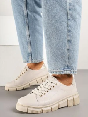 Beżowe Sneakersy ze Skóry Naturalnej na Tłoczonej Platformie Nurilassa