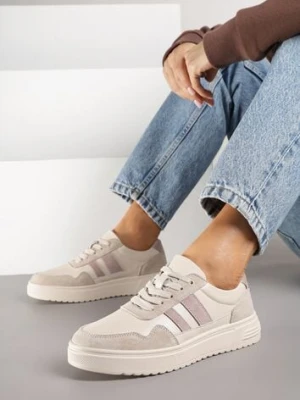 Beżowe Sneakersy ze Skóry Naturalnej Ozdobione Paskami Arabbela