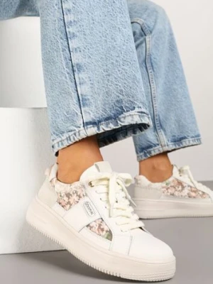 Beżowe Sneakersy ze Skóry Naturalnej z Kwiatami i Napisem Nilalora goodin