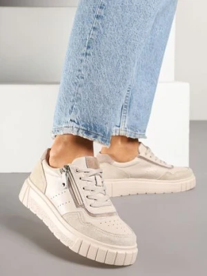 Beżowe Sneakersy ze Skóry Naturalnej z Ozdobnym Suwakiem Tilliraya