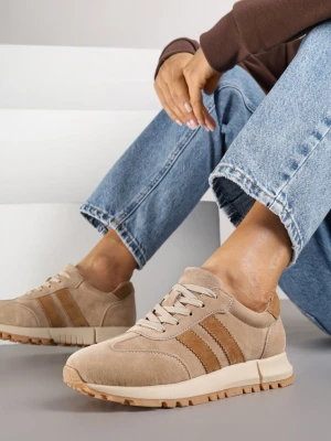 Beżowe Sneakersy ze Skóry Naturalnej z Paskami Kiarre Goodin