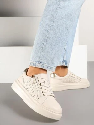 Beżowe Sneakersy ze Skóry Naturalnej ze Skórzaną Wkładką i Perforacją Falothra