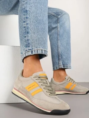 Beżowe Sneakersy ze Skórzaną Wkładką i Ozdobnymi Paskami Nasnella