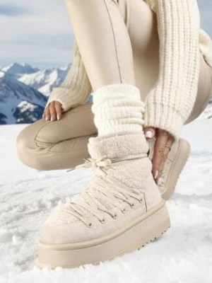 Beżowe Śniegowce na Grubej Podeszwie Ozdobione Barankiem Terinae