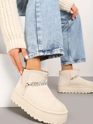 Beżowe Śniegowce na Grubej Podeszwie z Ekozamszu Ozdobione Cyrkoniowym Łańcuszkiem Ninnalith