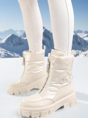 Beżowe Śniegowce na Płaskiej Podeszwie z Zamkiem z Przodu i Napisem Bulluna