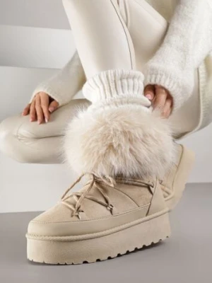 Beżowe Śniegowce na Platformie Ozdobione Futerkiem Teswena