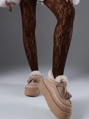 Beżowe Śniegowce na Platformie Ozdobione Haftem i Frędzlami Linomis