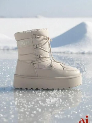 Beżowe Śniegowce na Platformie z Ozdobnym Wiązaniem Zingie