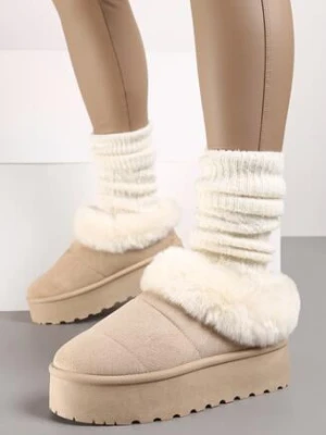 Beżowe Śniegowce na Platformie z Wywiniętym Futerkiem Tiriola