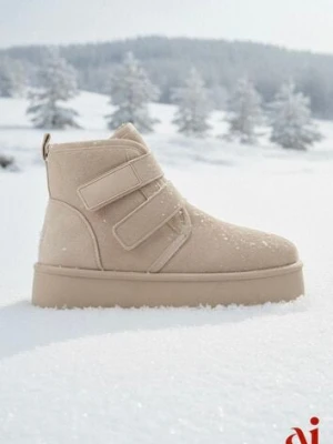 Beżowe Śniegowce na Platformie z Zapięciem na Rzep Tarimelle